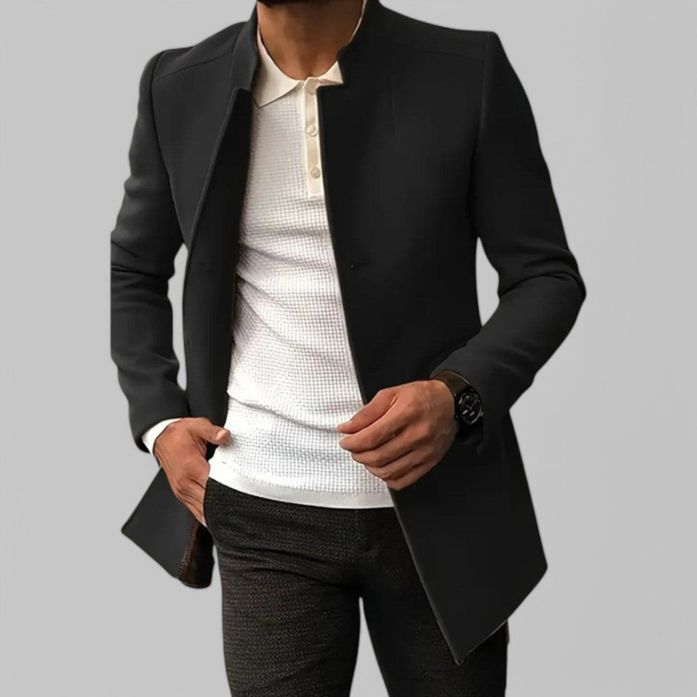 Men's Slim Coat with Concealed Button and Structured Shoulders, Wool Blend