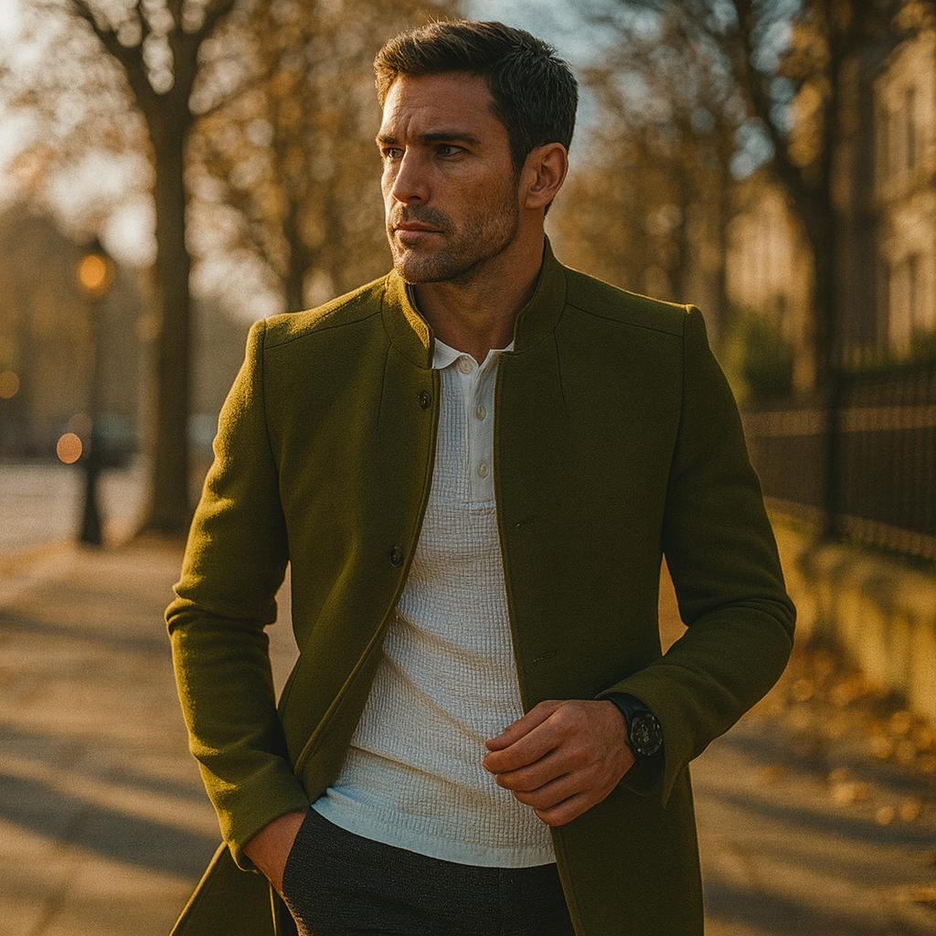 Men's Slim Coat with Concealed Button and Structured Shoulders, Wool Blend