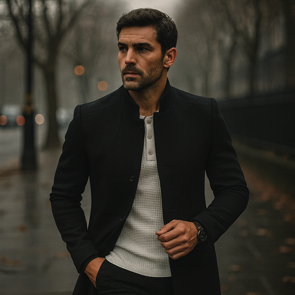 Men's Slim Coat with Concealed Button and Structured Shoulders, Wool Blend