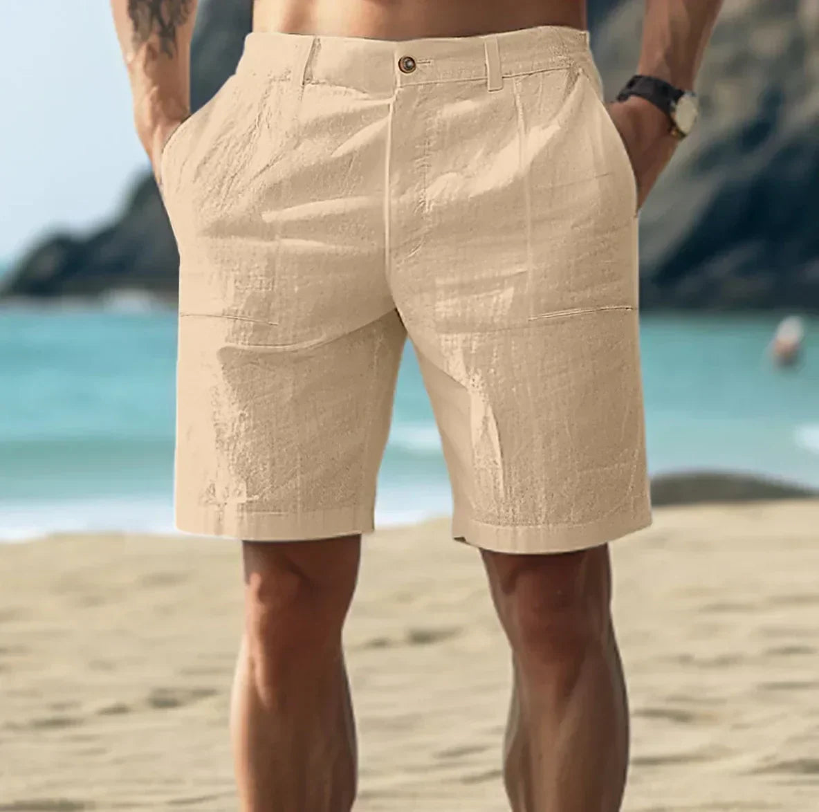 Men's Beach Shorts with Button Closure and Side Pockets, Straight Fit