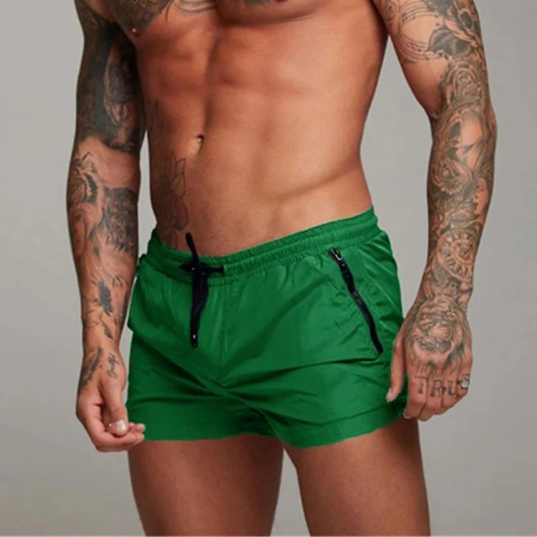 Men's Swim Shorts with Zip Pockets and Adjustable Drawstring Waist, Quick-Dry Mid-Thigh
