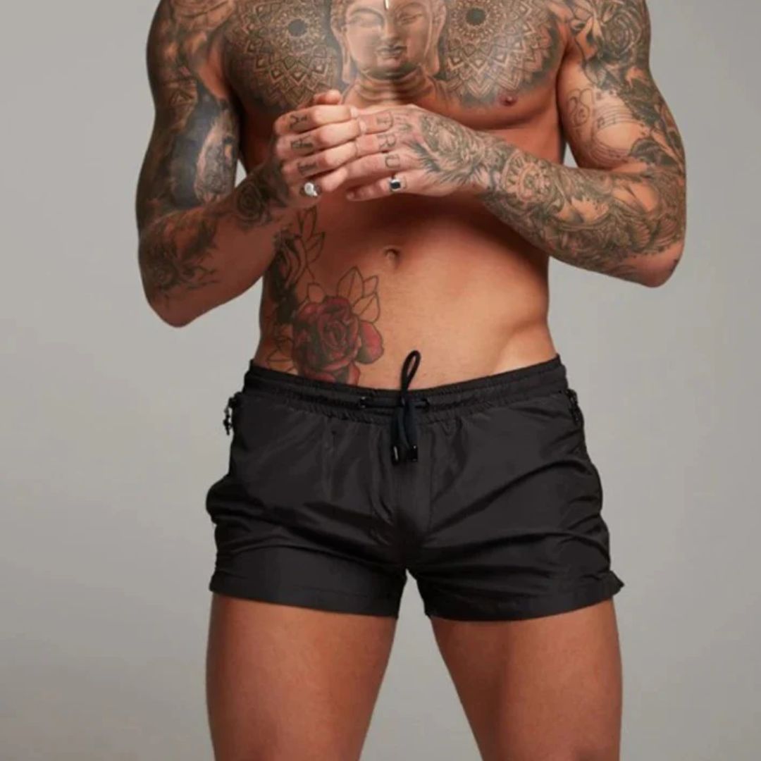 Men's Swim Shorts with Zip Pockets and Adjustable Drawstring Waist, Quick-Dry Mid-Thigh
