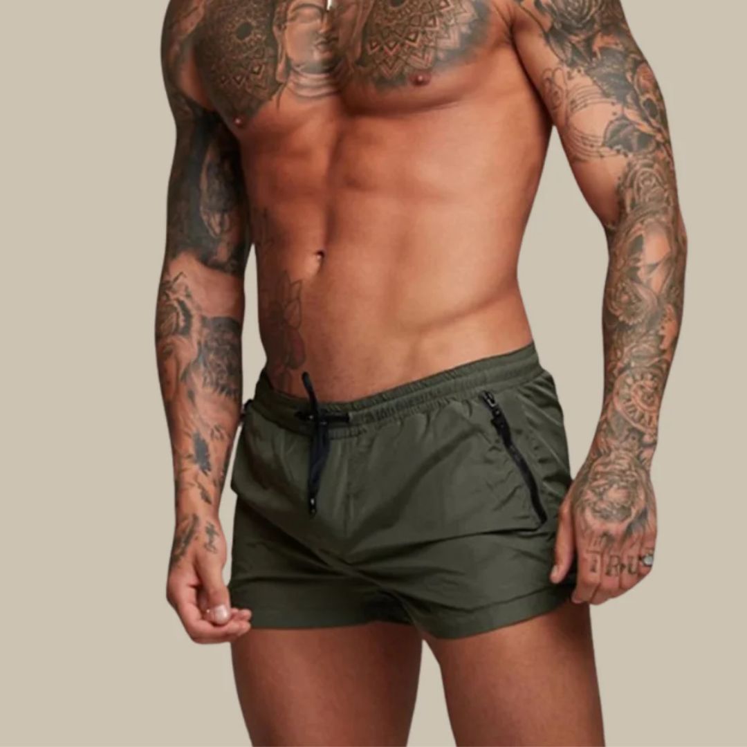 Men's Swim Shorts with Zip Pockets and Adjustable Drawstring Waist, Quick-Dry Mid-Thigh