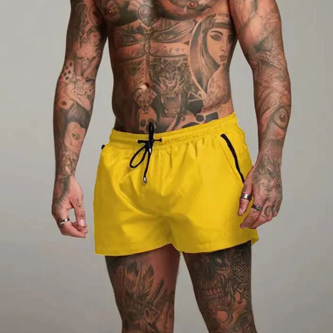 Men's Swim Shorts with Zip Pockets and Adjustable Drawstring Waist, Quick-Dry Mid-Thigh