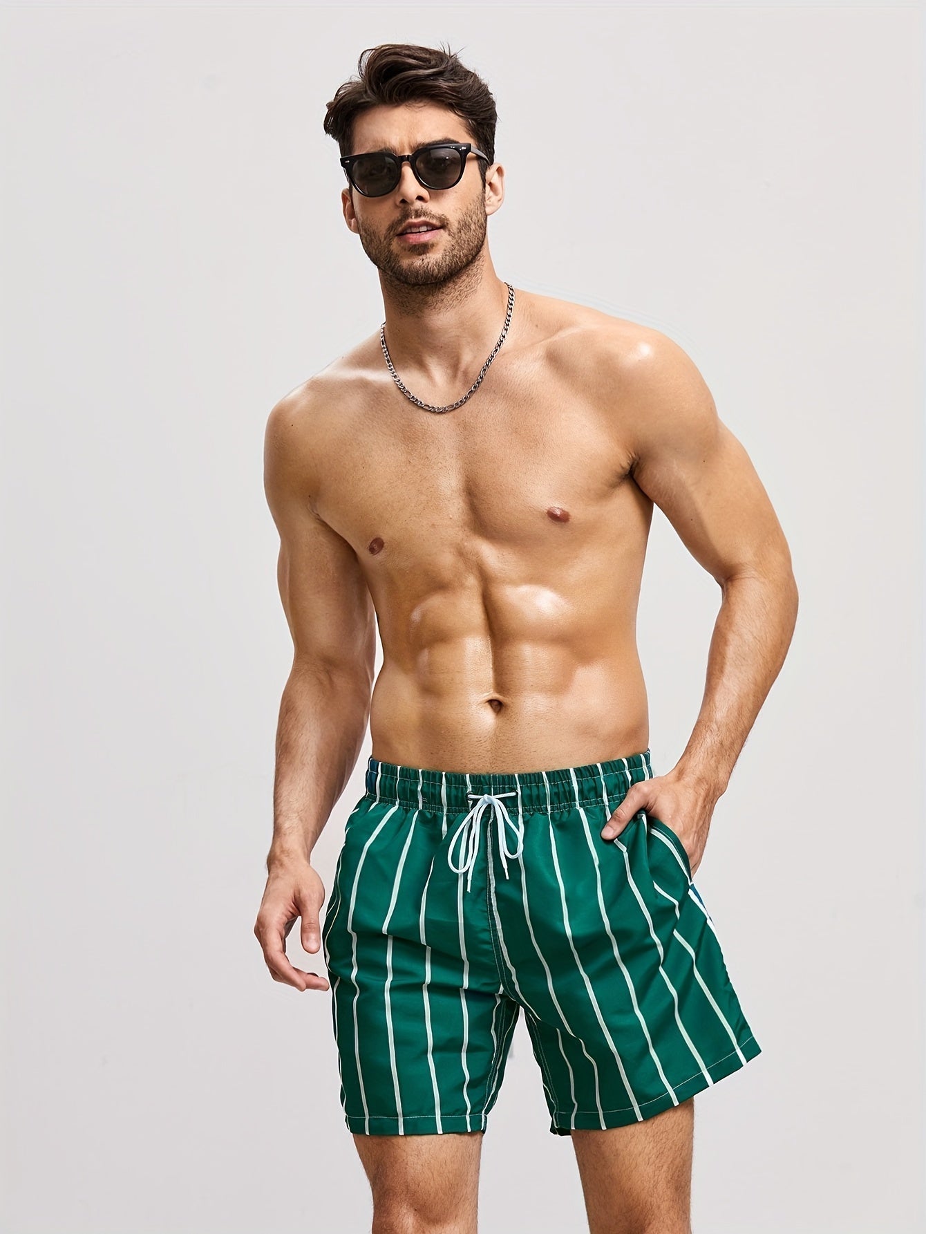 Striped Swim Shorts for Men with Drawstring Waist and Regular Fit, Pool-to-Street