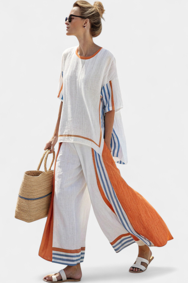 Women's Oversized Loungewear Set with Vertical Stripes and Lightweight Woven Fabric