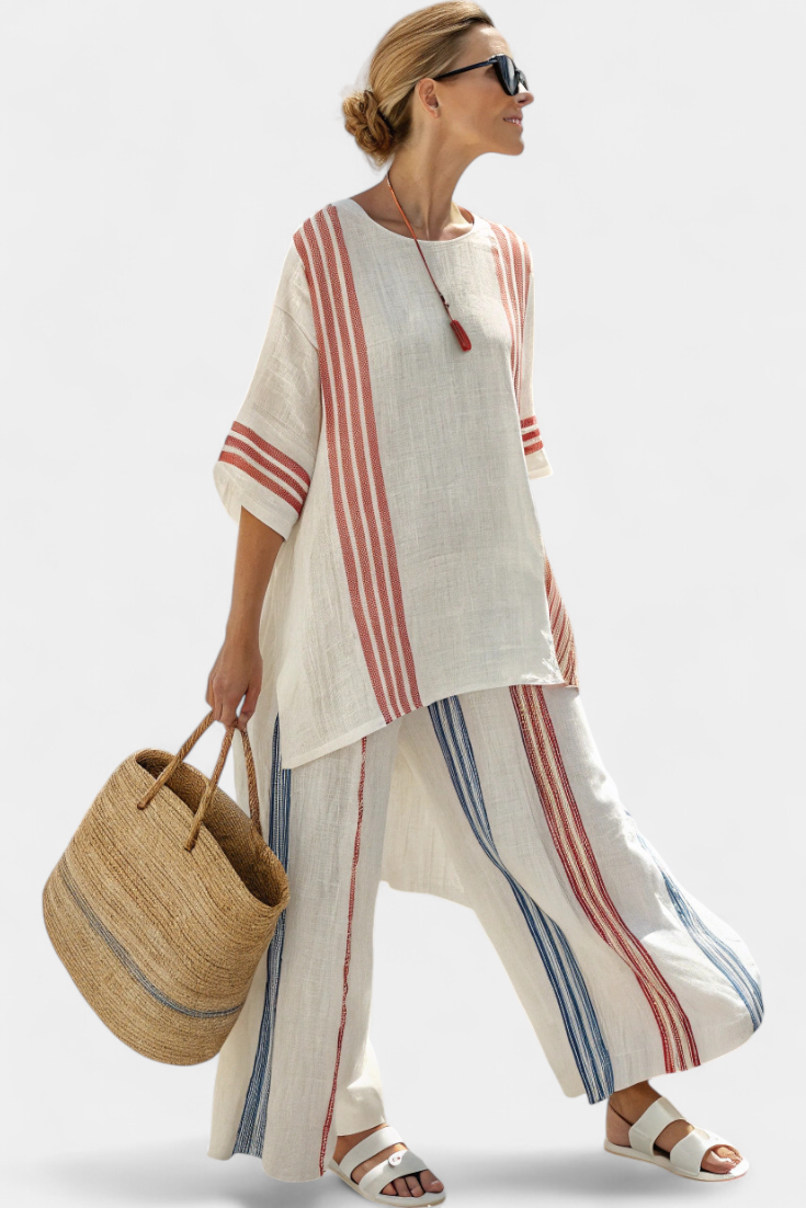 Women's Oversized Loungewear Set with Vertical Stripes and Lightweight Woven Fabric
