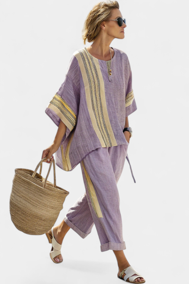 Women's Oversized Loungewear Set with Vertical Stripes and Lightweight Woven Fabric