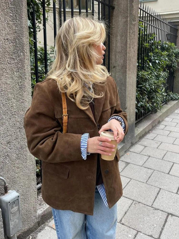 Brown Single Breasted Jacket Polyester Construction and Hip Length Coverage