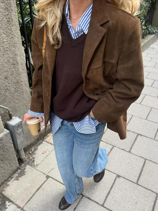 Brown Single Breasted Jacket Polyester Construction and Hip Length Coverage
