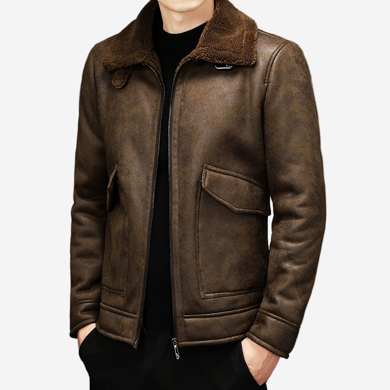 LUMINOVI | Fur Collar Leather Jacket