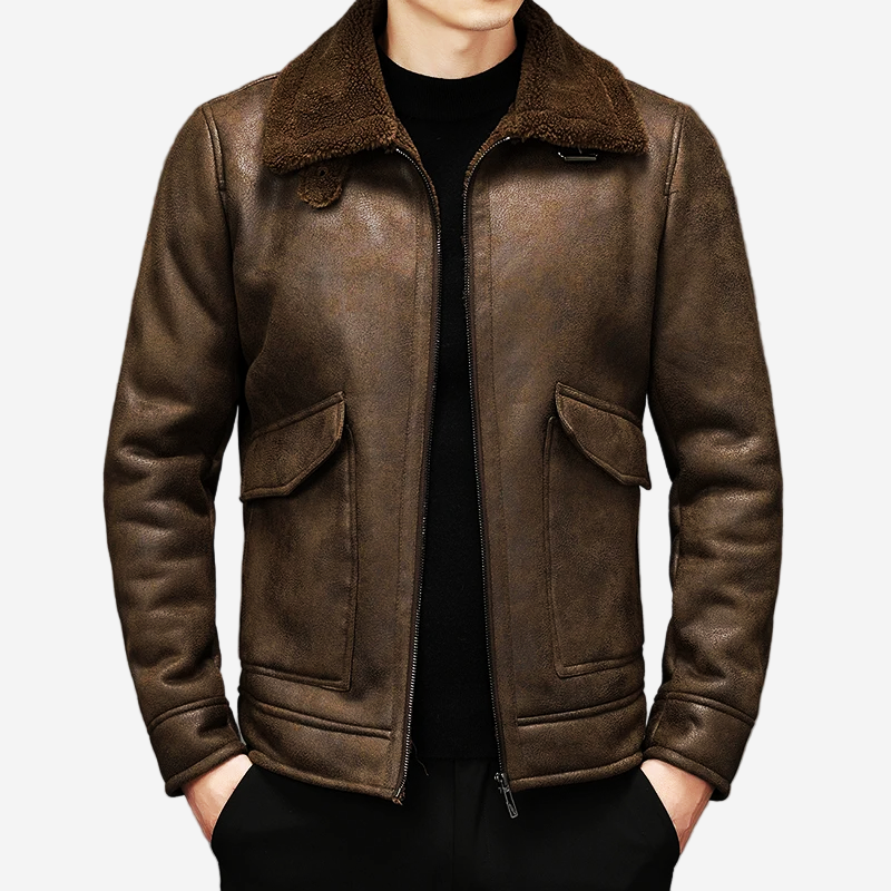 LUMINOVI | Fur Collar Leather Jacket