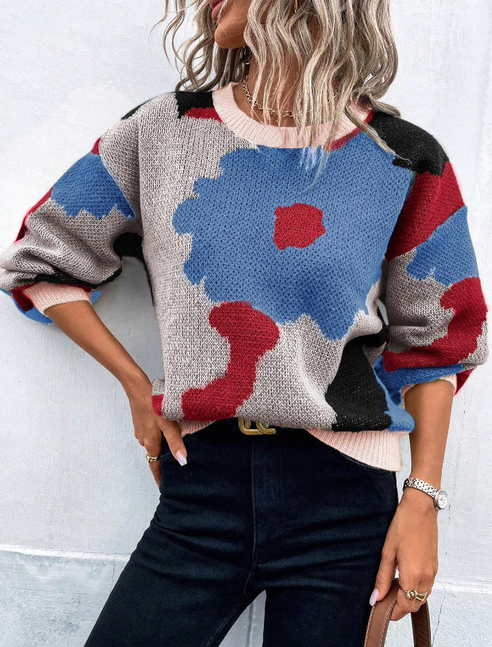 Floral Pullover Sweater with Crew Neck and Relaxed Fit, Machine Washable