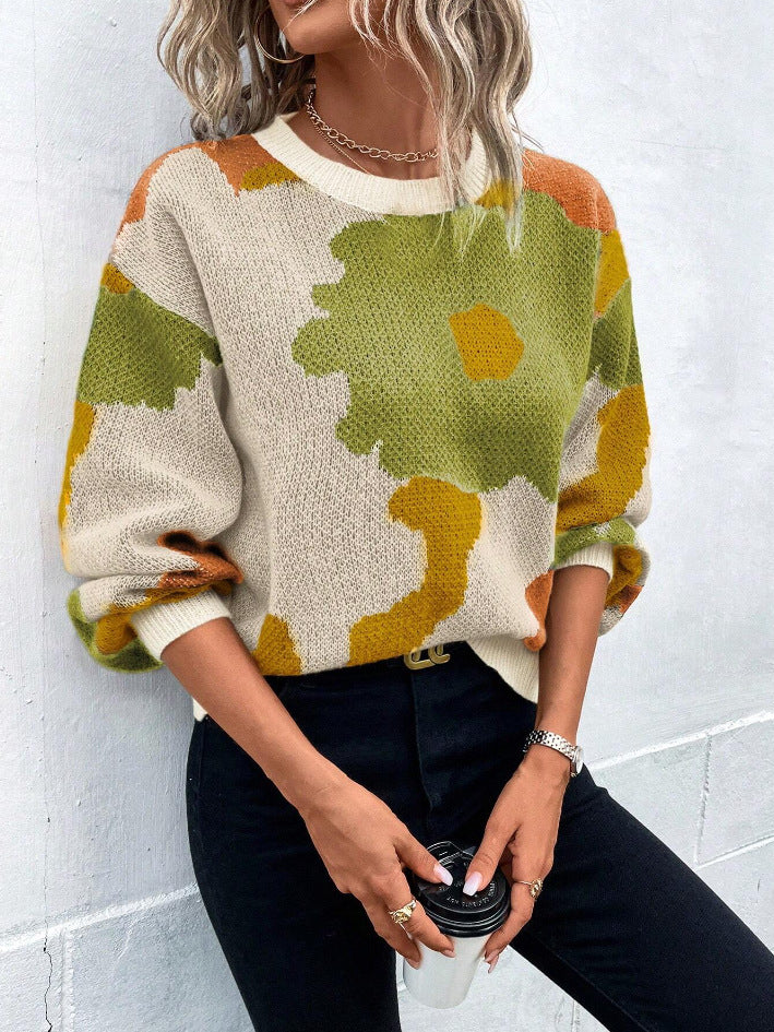 Floral Pullover Sweater with Crew Neck and Relaxed Fit, Machine Washable