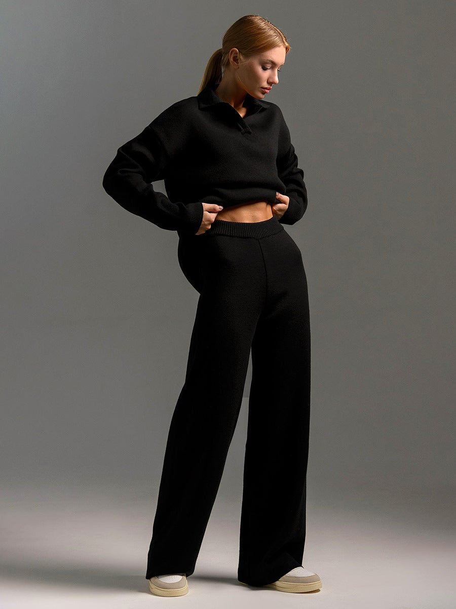 Women's Lounge Set with Soft Collar and Wide Leg Pants, Relaxed Knit Blend