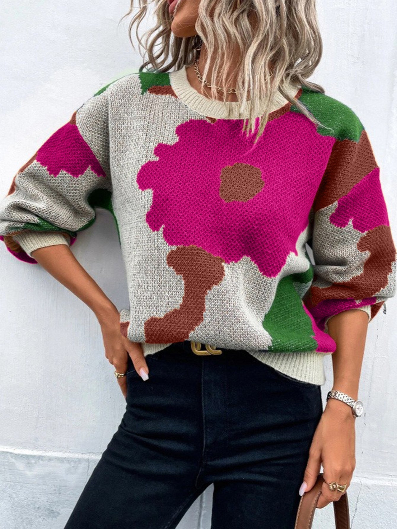 Floral Pullover Sweater with Crew Neck and Relaxed Fit, Machine Washable
