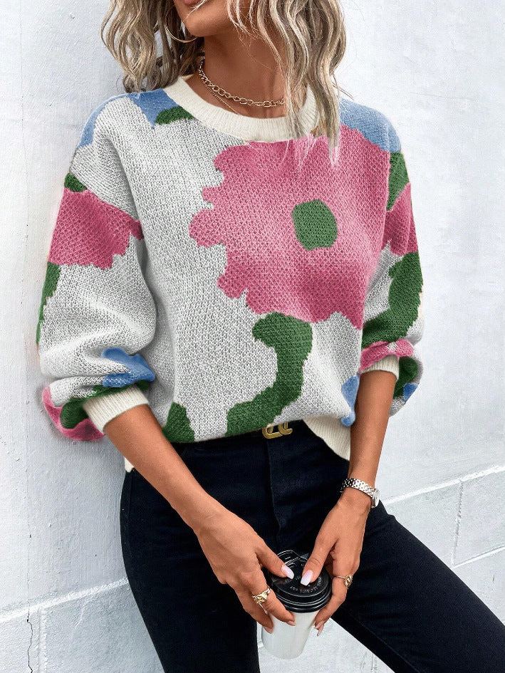 Floral Pullover Sweater with Crew Neck and Relaxed Fit, Machine Washable