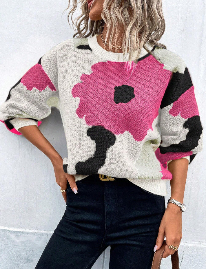 Floral Pullover Sweater with Crew Neck and Relaxed Fit, Machine Washable