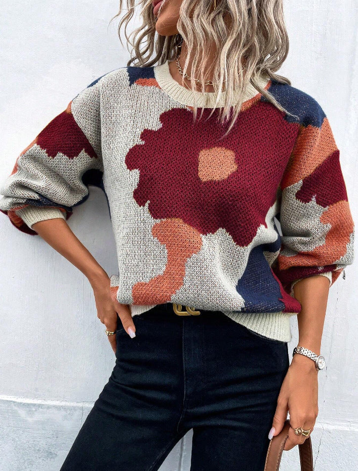 Floral Pullover Sweater with Crew Neck and Relaxed Fit, Machine Washable