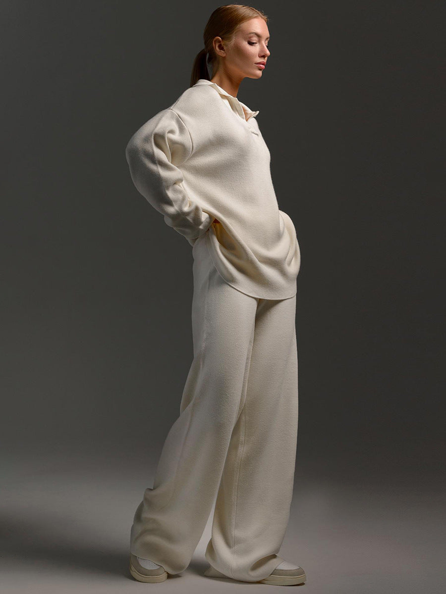 Women's Lounge Set with Soft Collar and Wide Leg Pants, Relaxed Knit Blend