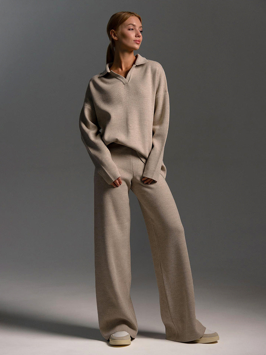 Women's Lounge Set with Soft Collar and Wide Leg Pants, Relaxed Knit Blend