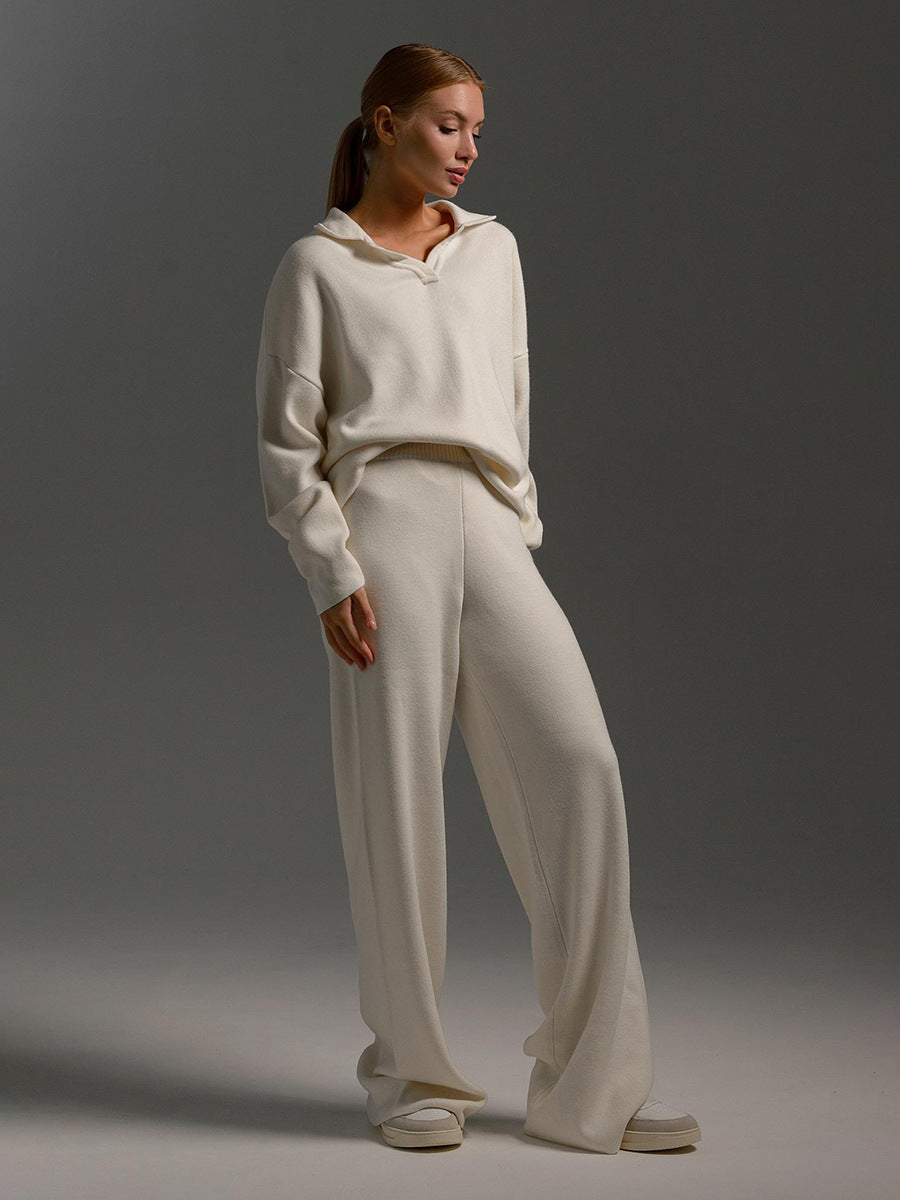 Women's Lounge Set with Soft Collar and Wide Leg Pants, Relaxed Knit Blend