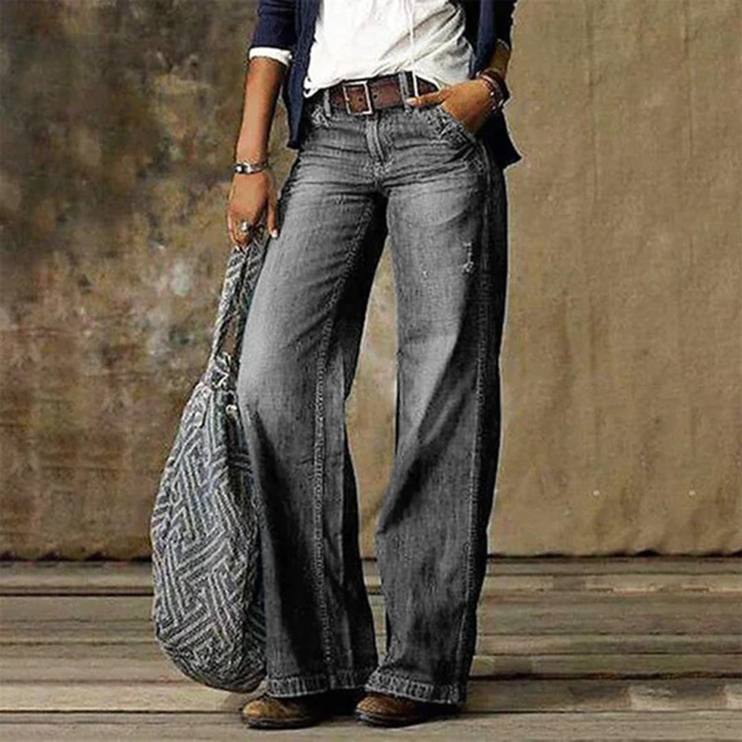 High Rise Wide Leg Jeans with Stretch Cotton Blend and Structured Waist for Women