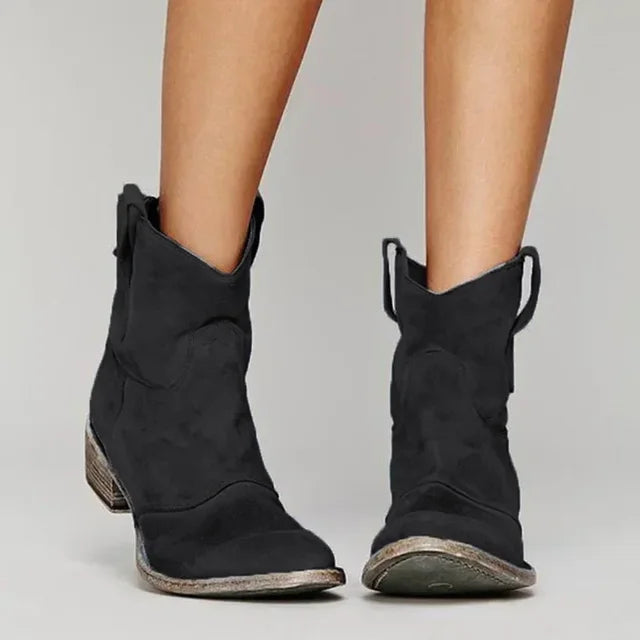 Western Ankle Boots with Pointed Toe and Low Stacked Heel, Cushioned Insole