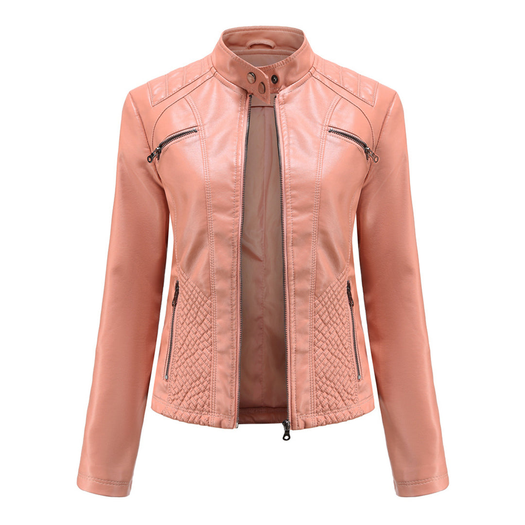 Women's Faux Leather Biker Jacket with Quilted Shoulders and Tailored Fit, Zip Pockets