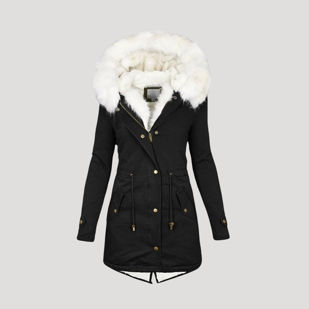 Women's Insulated Parka with Detachable Faux Fur Hood and Removable Belt, Multiple Pockets