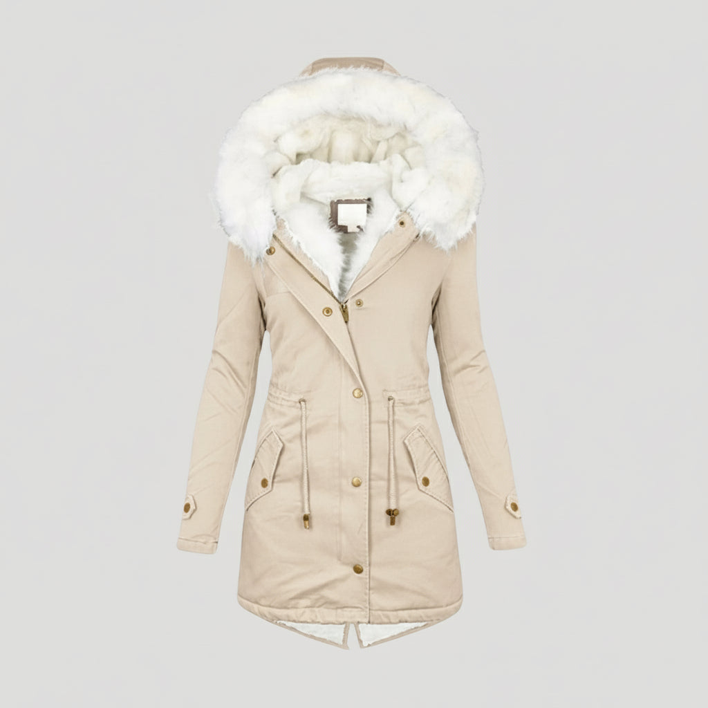 Women's Insulated Parka with Detachable Faux Fur Hood and Removable Belt, Multiple Pockets