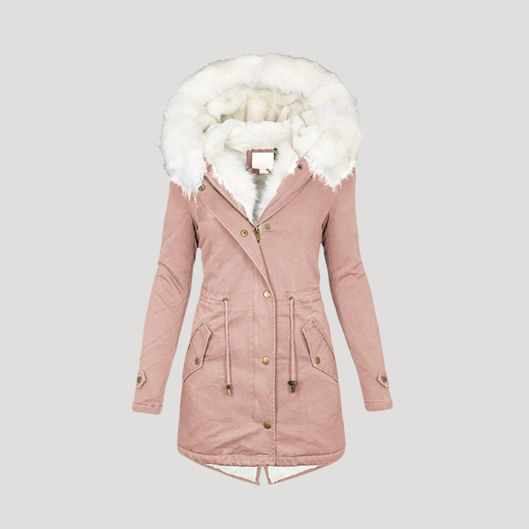 Women's Insulated Parka with Detachable Faux Fur Hood and Removable Belt, Multiple Pockets