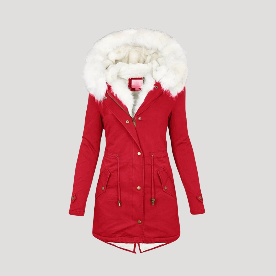 Women's Insulated Parka with Detachable Faux Fur Hood and Removable Belt, Multiple Pockets