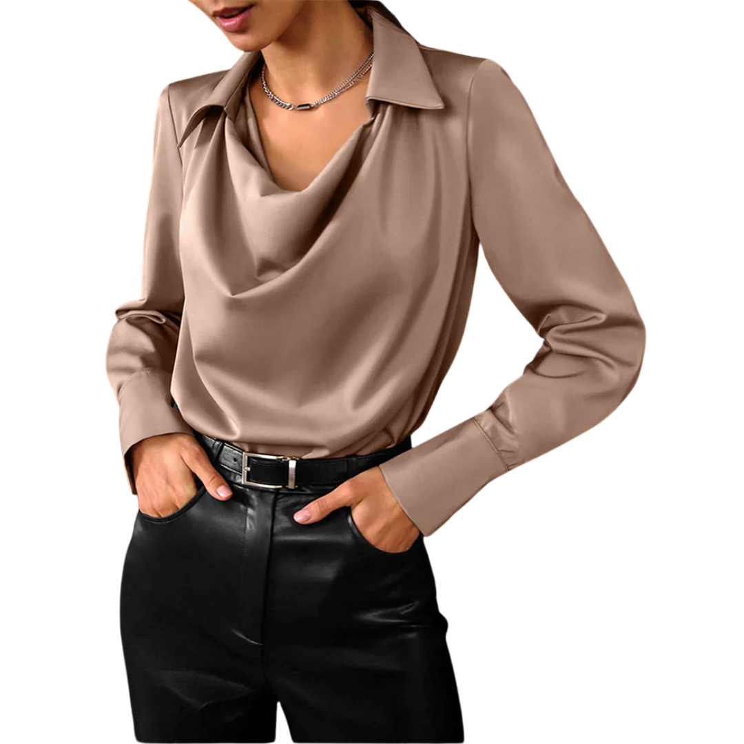 Women's Satin Blouse with Draped Neck and Long Sleeves, Tailored Regular Fit