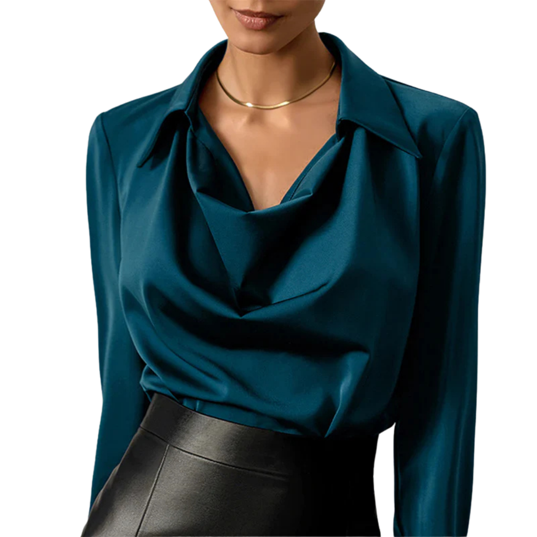 Women's Satin Blouse with Draped Neck and Long Sleeves, Tailored Regular Fit