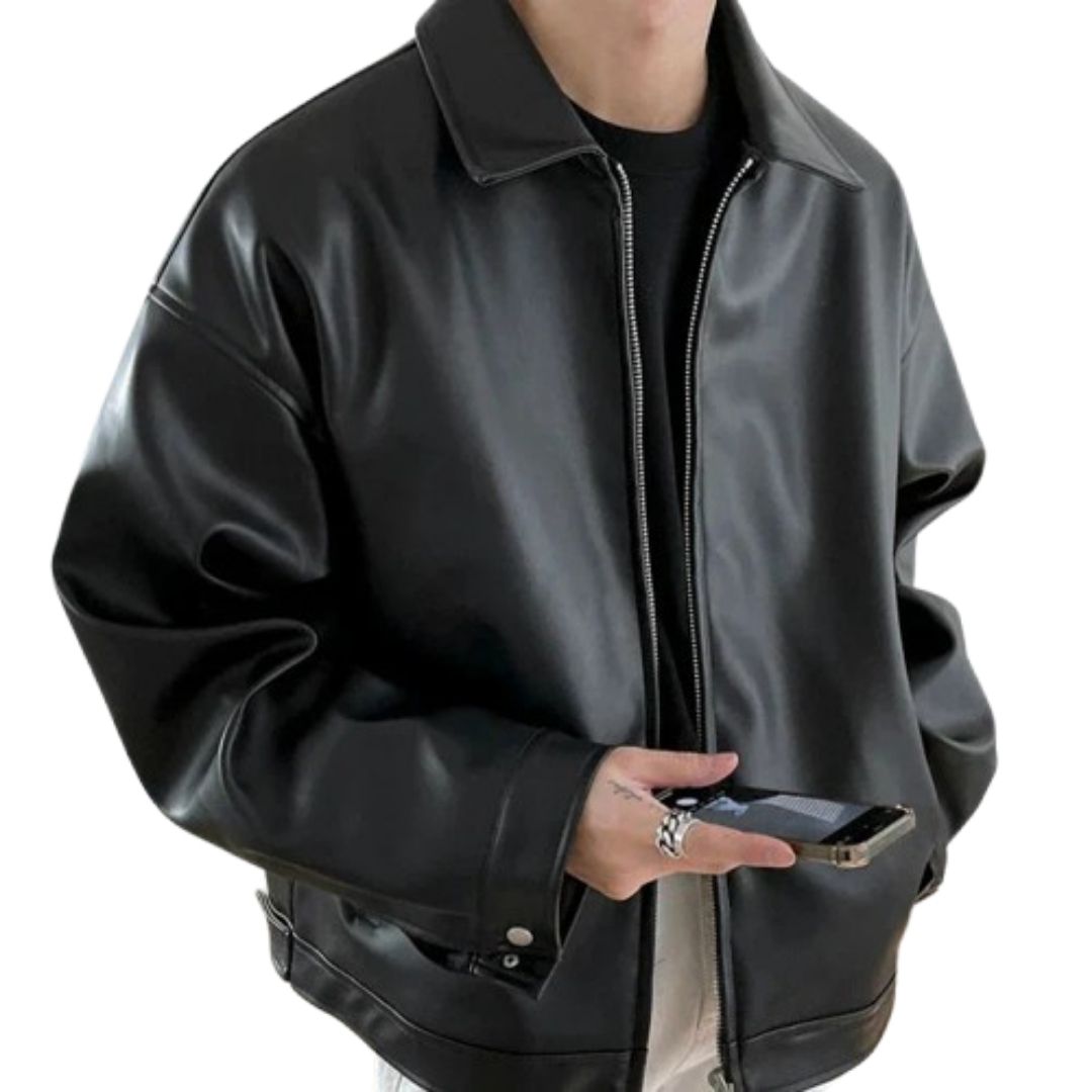 Oversized Leather Bomber Jacket with Soft Lining and Boxy Fit, for Men