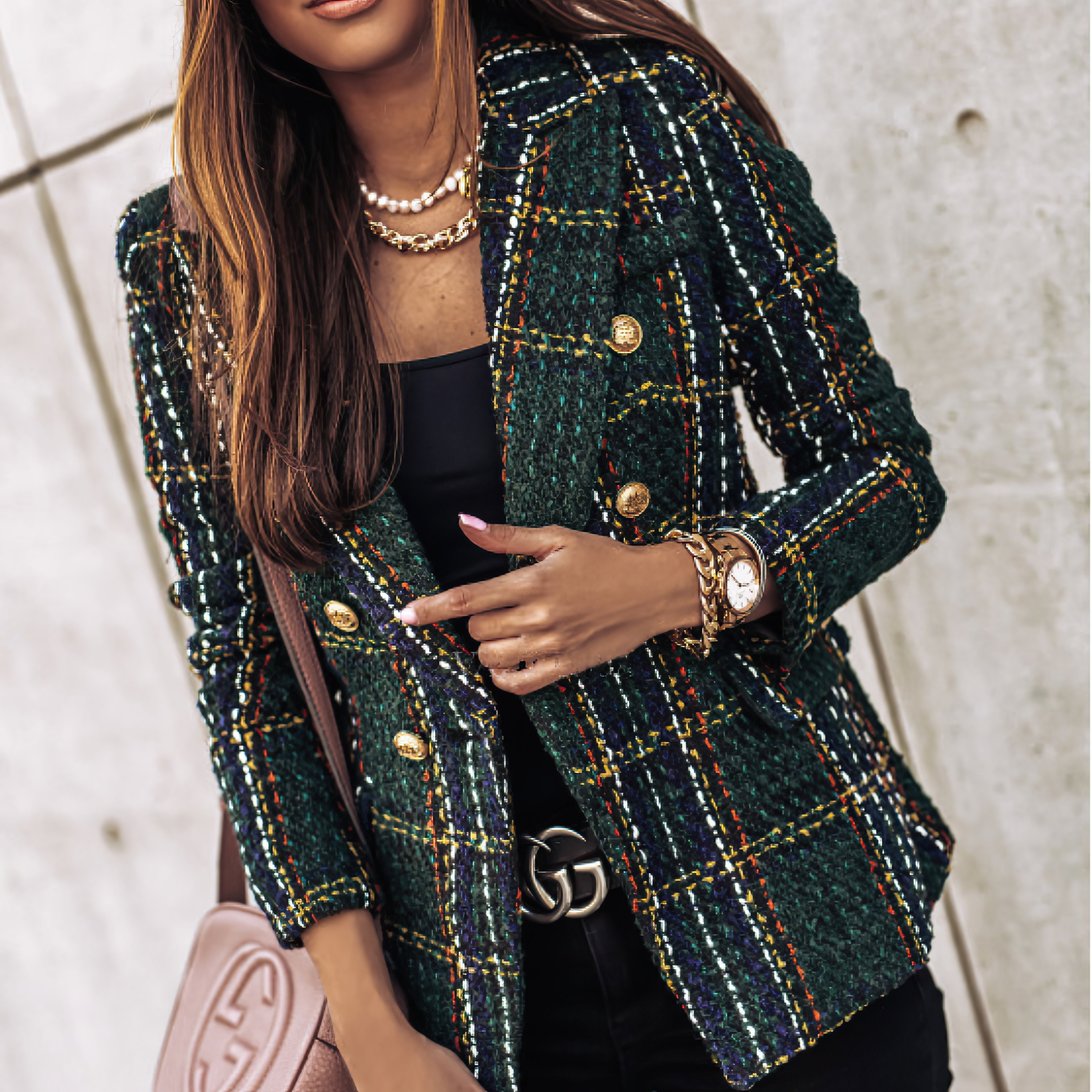 Double Breasted Check Blazer for Women and Button Cuffs