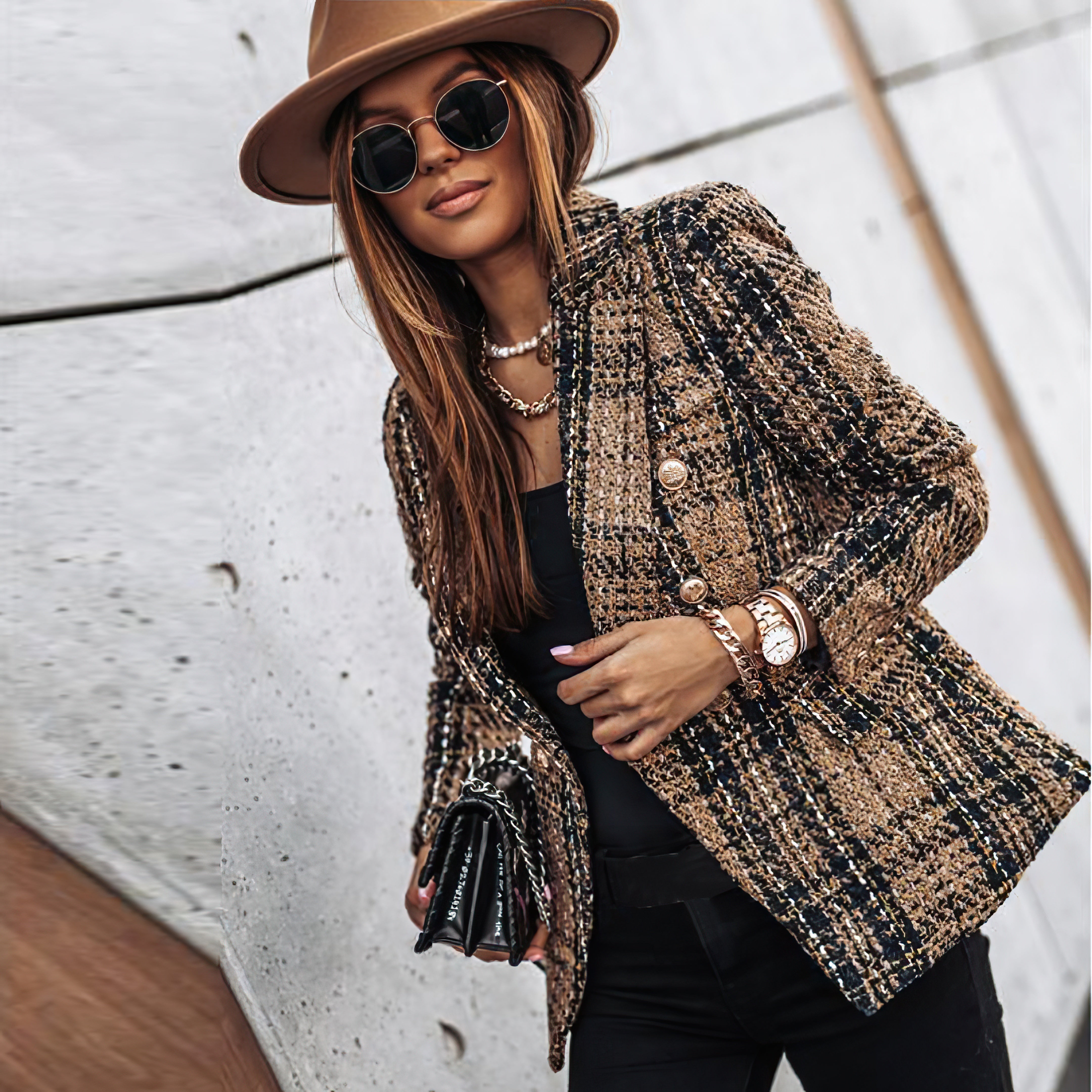 Double Breasted Check Blazer for Women and Button Cuffs