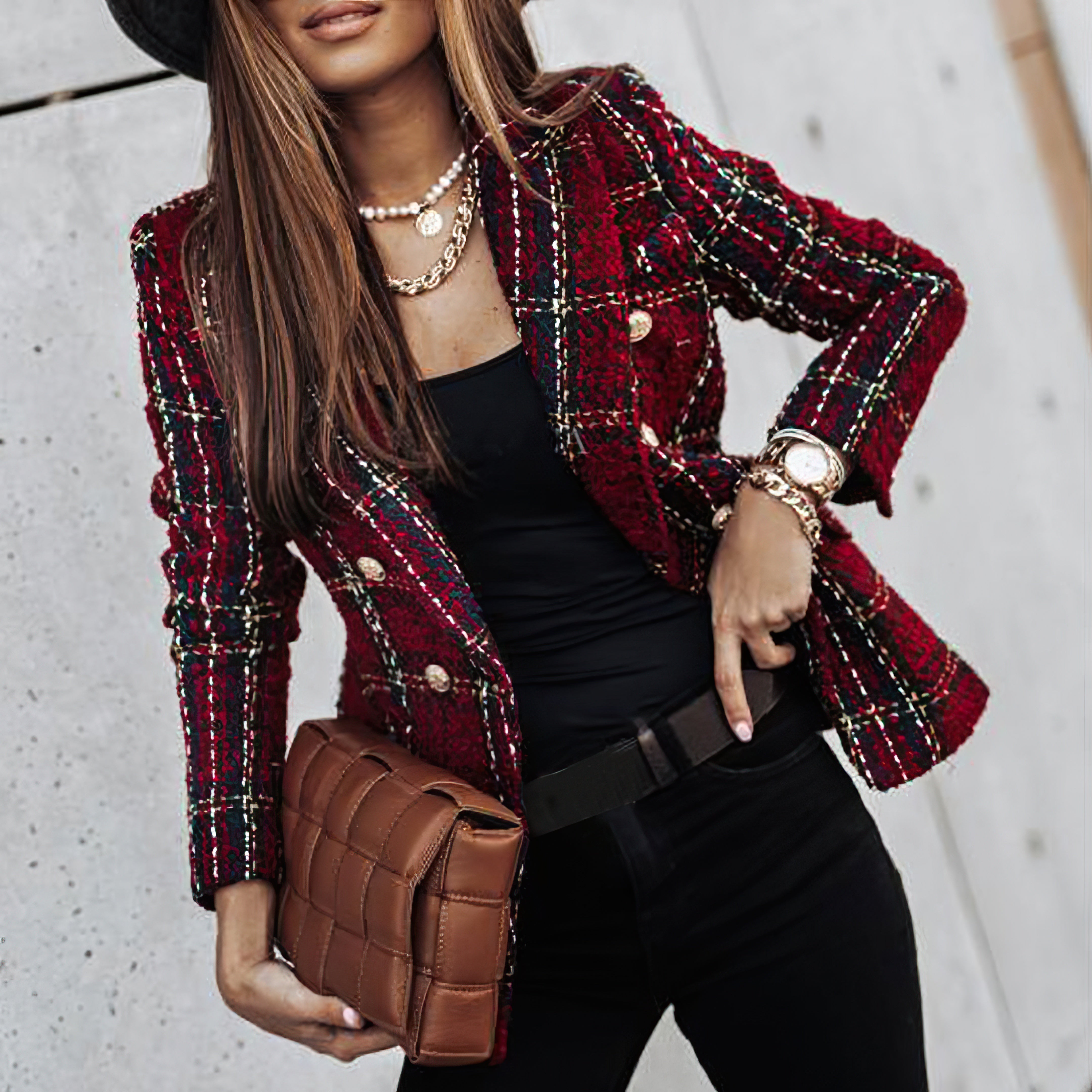 Double Breasted Check Blazer for Women and Button Cuffs