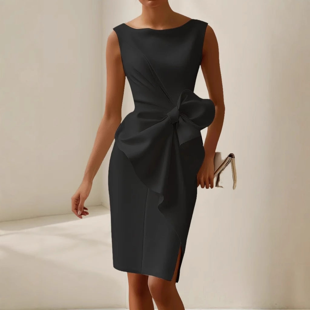 Sleeveless Dress with Oversized Bow and Asymmetric Draping for Events