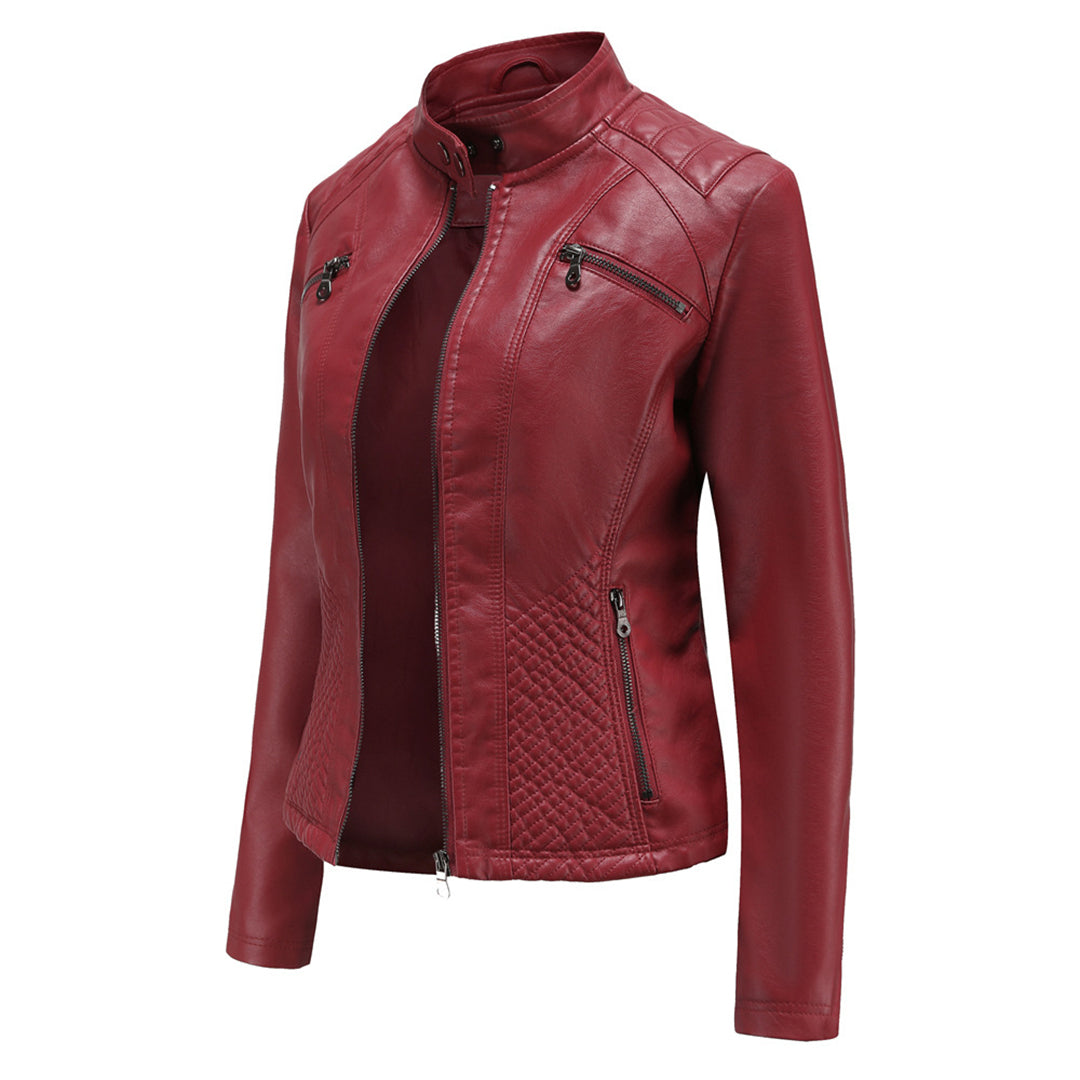 Women's Faux Leather Biker Jacket with Quilted Shoulders and Tailored Fit, Zip Pockets