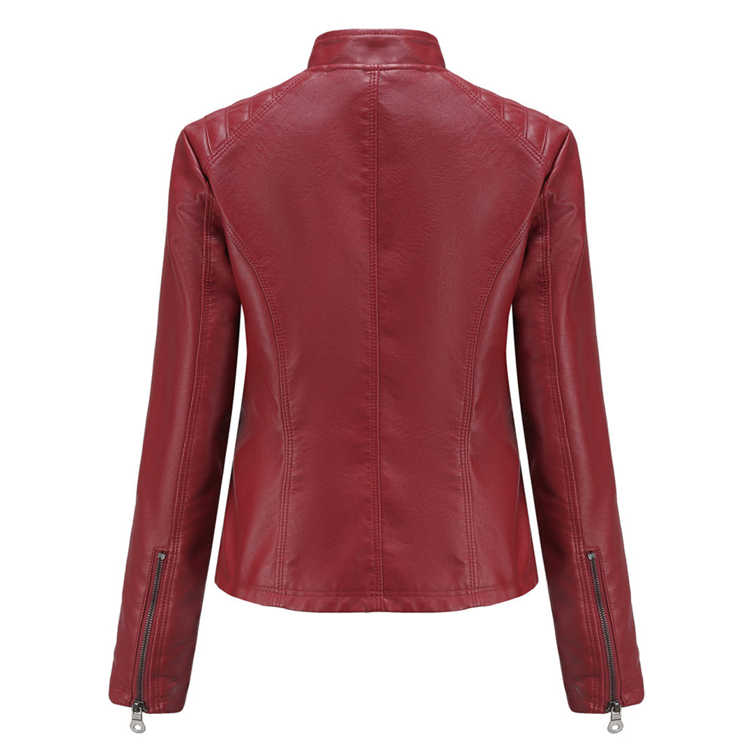 Women's Faux Leather Biker Jacket with Quilted Shoulders and Tailored Fit, Zip Pockets
