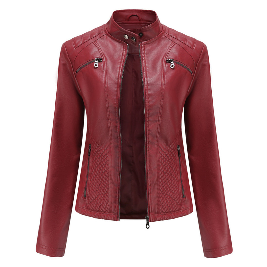 Women's Faux Leather Biker Jacket with Quilted Shoulders and Tailored Fit, Zip Pockets