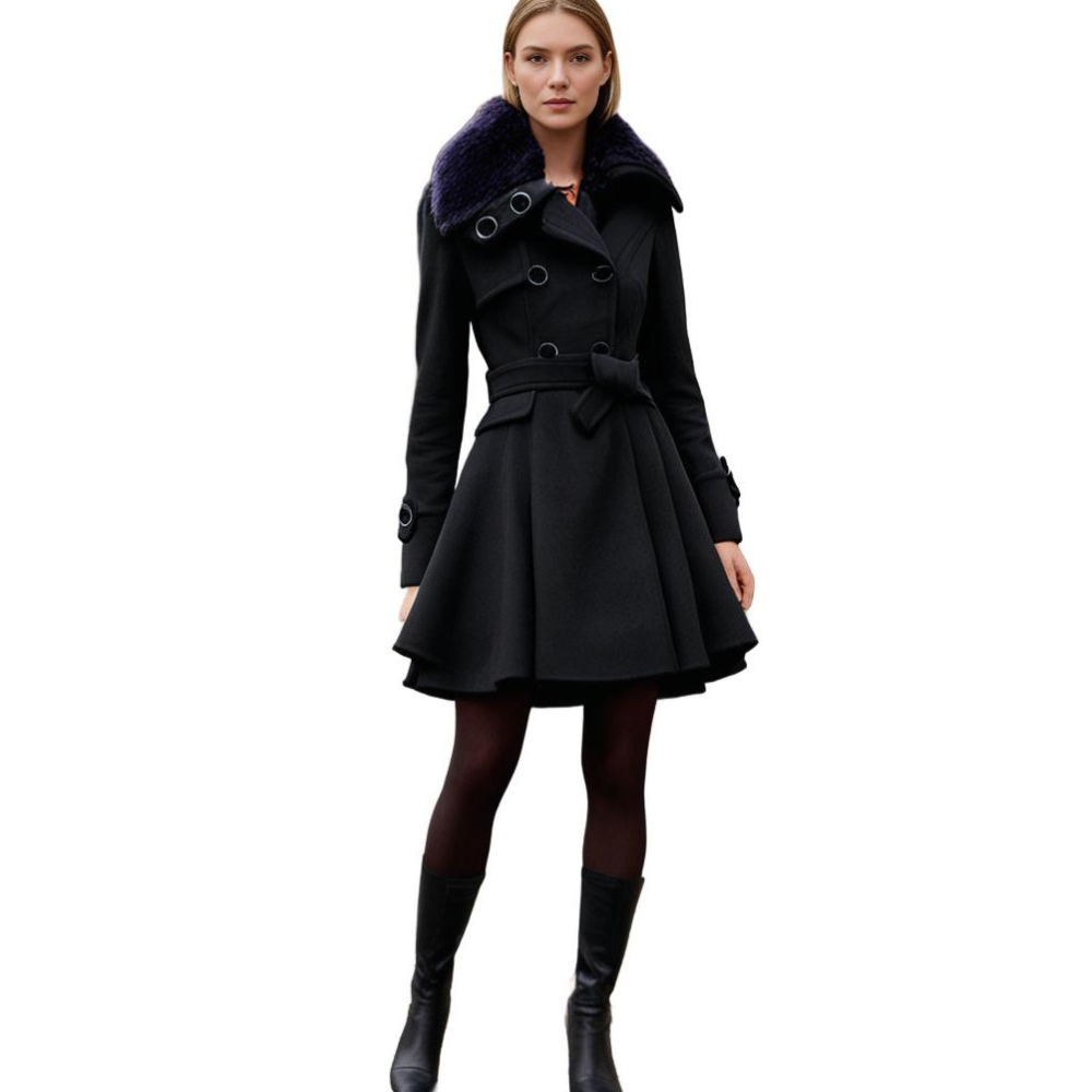 Women's Short Dress Coat with Faux Fur Collar and Adjustable Waist Tie