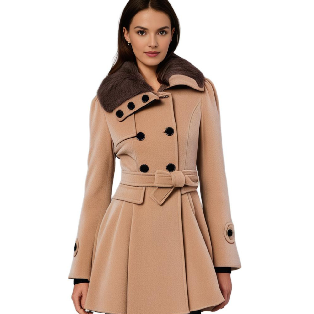 Women's Short Dress Coat with Faux Fur Collar and Adjustable Waist Tie
