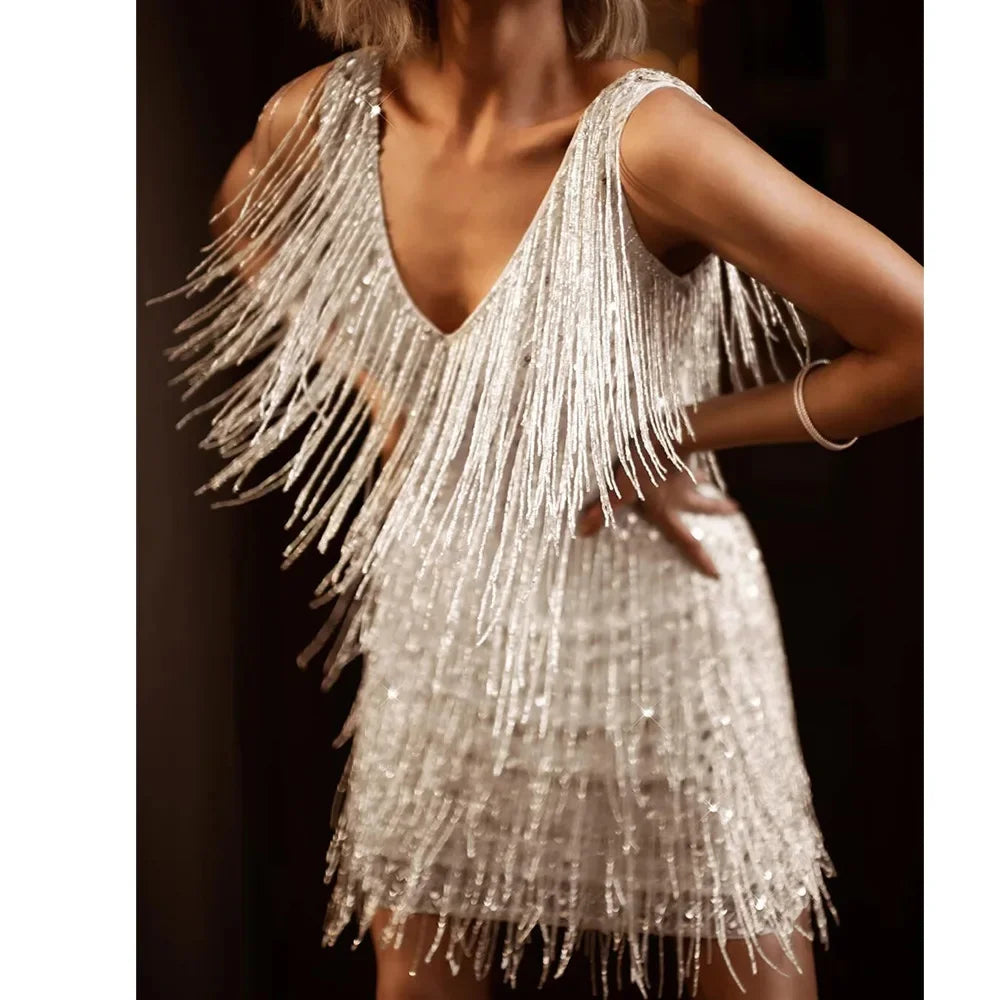 Women's A-Line Cocktail Dress with Cascading Fringe and Sequin Accents