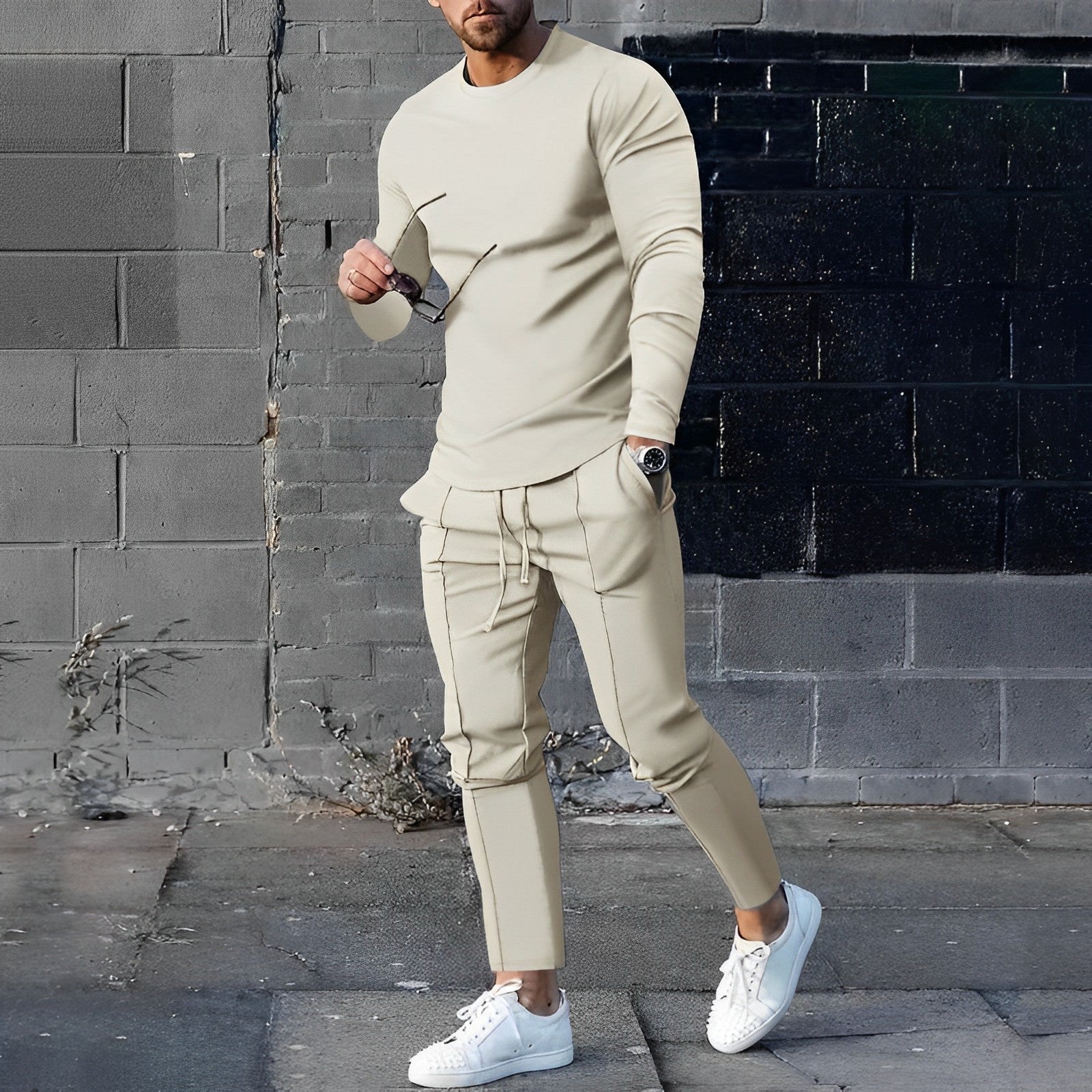 Men's Two-Piece Loungewear Set with Long-Sleeve Top and Jogger Pants, Relaxed Fit