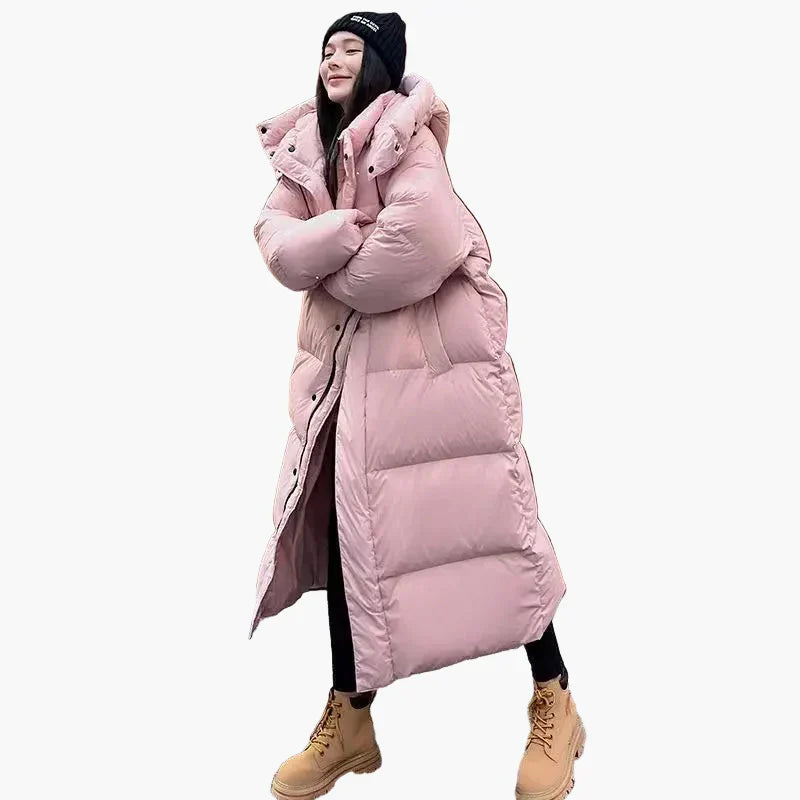 Long Quilted Puffer Coat for Women with Padded Hood and Side Pockets, Relaxed Fit