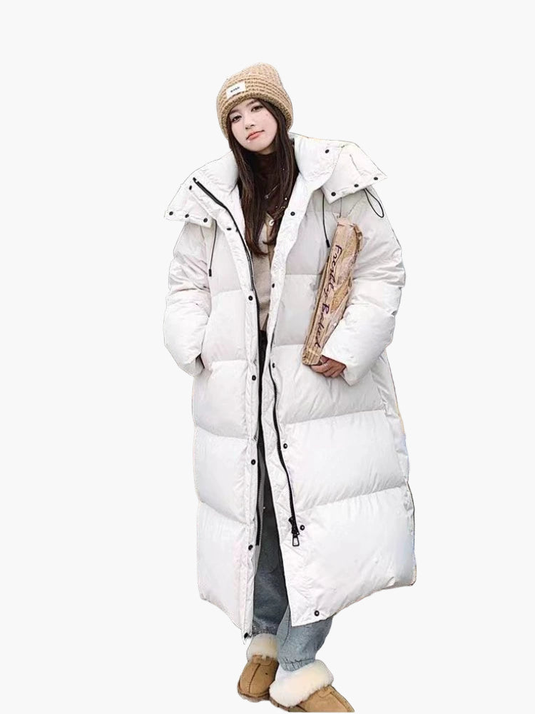 Long Quilted Puffer Coat for Women with Padded Hood and Side Pockets, Relaxed Fit