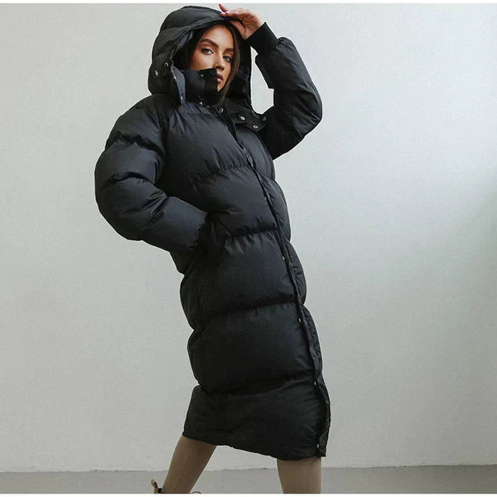 Women's Quilted Puffer Coat with Adjustable Hood and Side Pockets